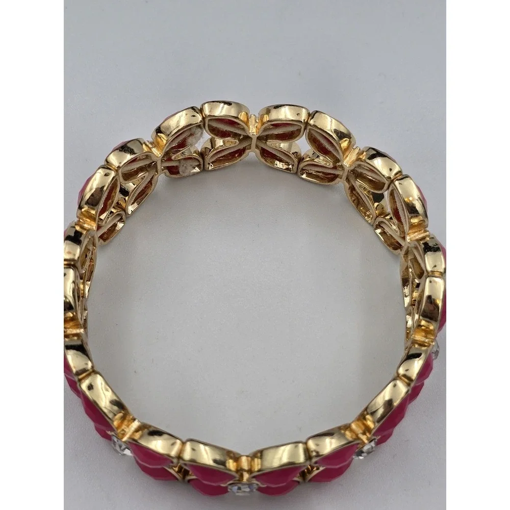 Gold Tone Hot Pink Faceted‎ Stone Stretch Bracelet Clear Rhinestone Accents